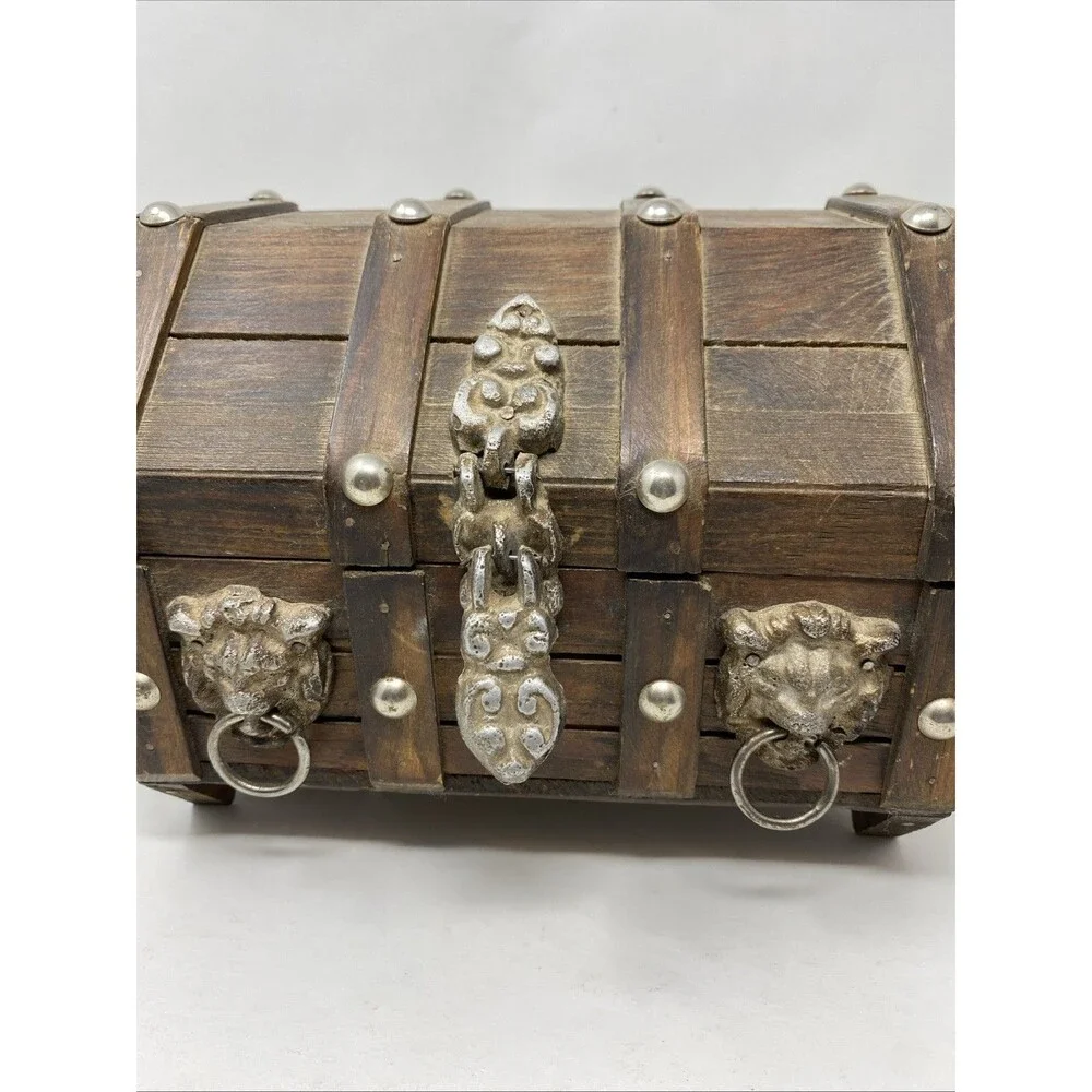 Vintage Wood Pirate Treasure Chest Jewelry Trinket Box Gothic Lion Heads